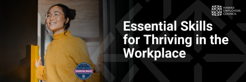 A smiling person in a yellow sweater stands by a door, with text about essential workplace skills.